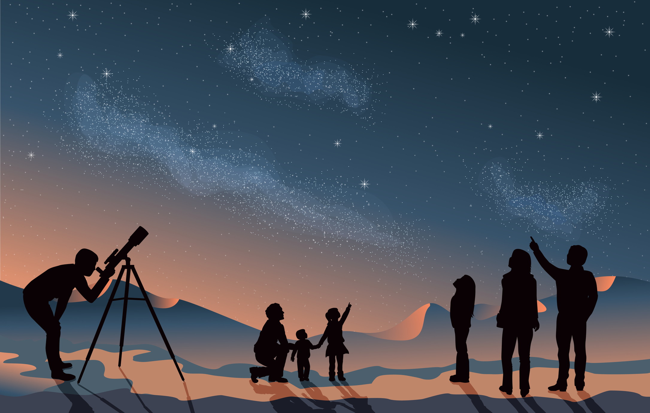 Star scene night sky with silhouette people telescope looking at space